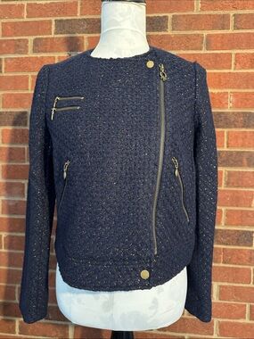 QMack Metallic Tweed Motorcycle Jacket with Gold Tone Hardware